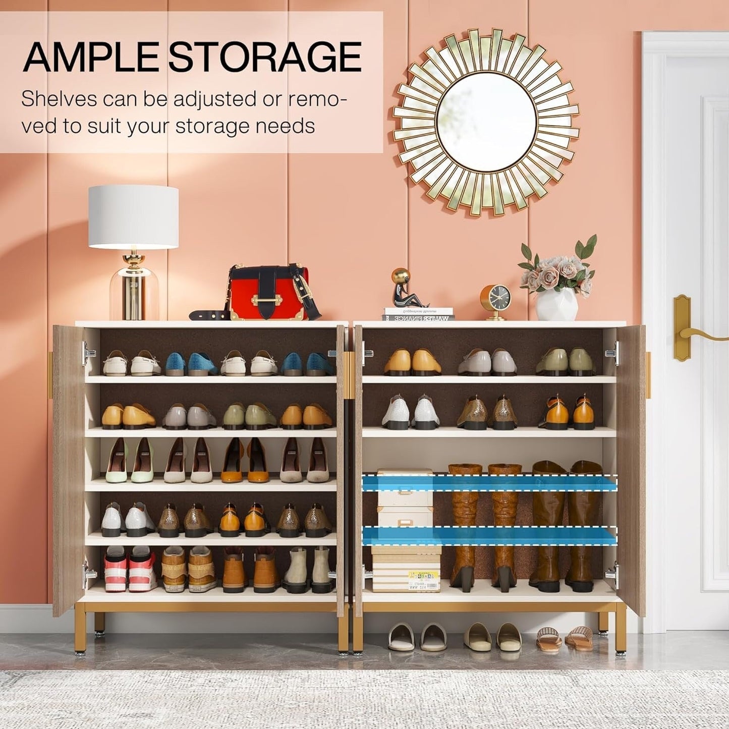 Meuble à chaussures moderne de 95 cm avec portes, blanc et doré, pour 20 paires de chaussures