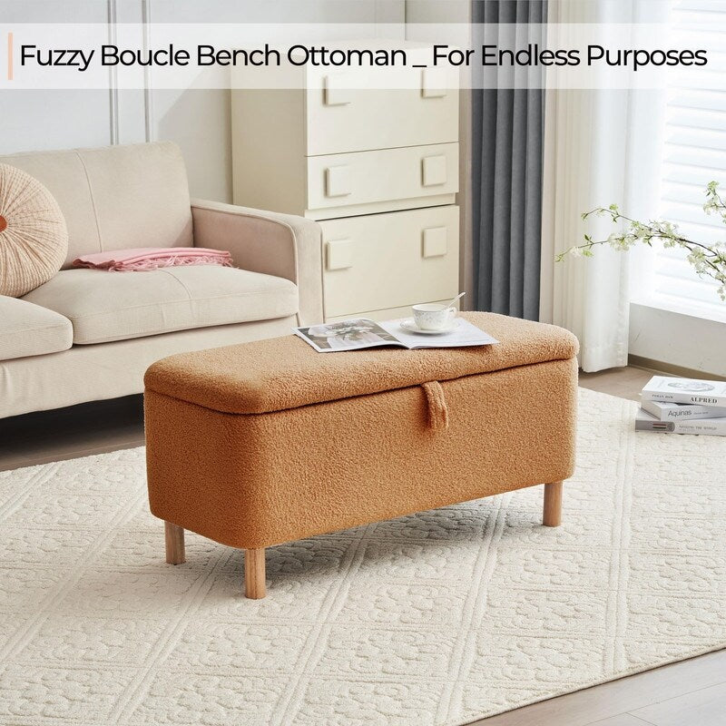Banc ottoman de rangement en sherpa blanc cassé, repose-pieds, pour salon, chambre à coucher, pieds en bois