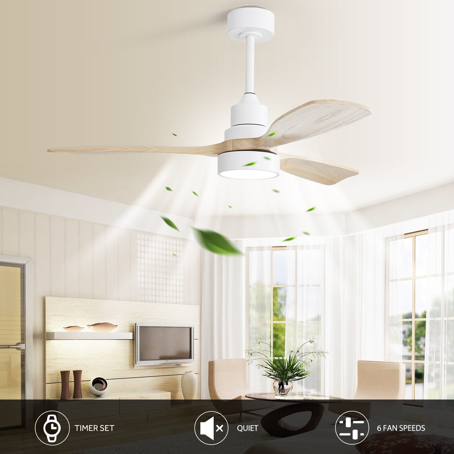 Ventilateur de plafond à LED intégré 48 et 52 pouces avec lumière et télécommande, moteur CC réversible