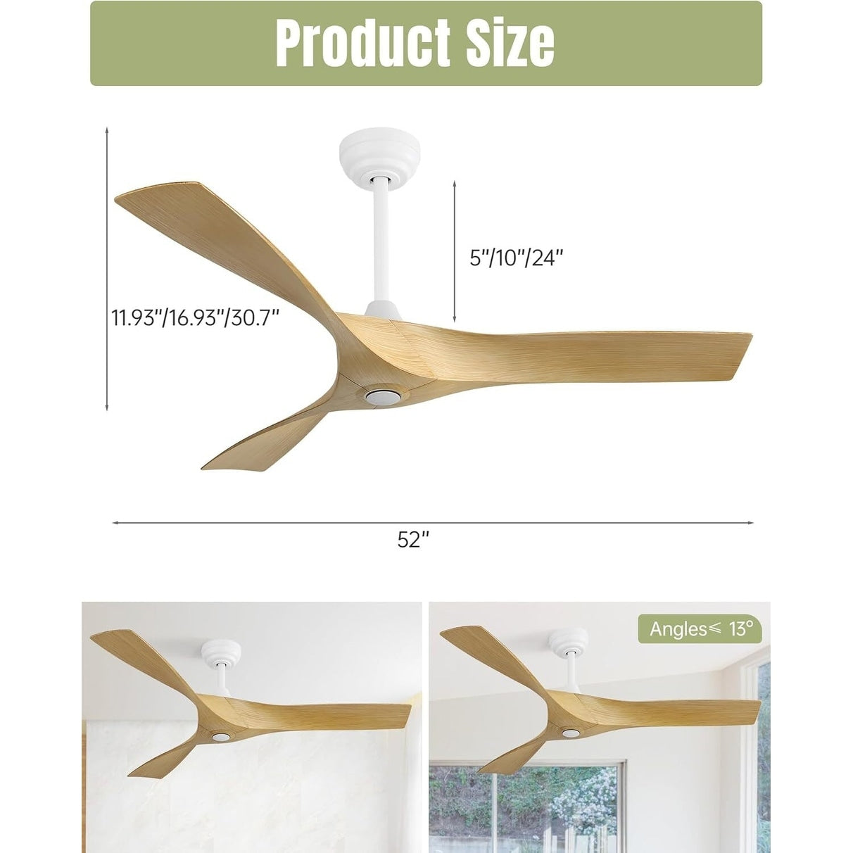 Ventilateur de plafond moderne en bois massif/ABS de 52 pouces avec télécommande (sans lumière), 6 vitesses de vent, flux d'air réversible