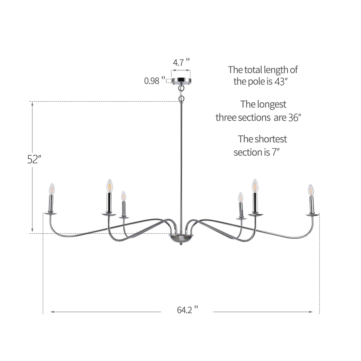 Lustre minimaliste à 6 lumières de 64 pouces, noir mat, or et chrome - N/A
