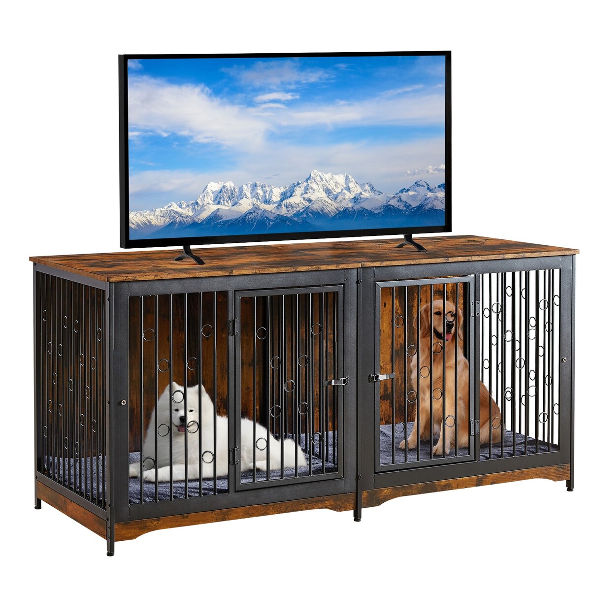 Meuble pour cage à chien de 70,86 pouces, meuble TV pour grandes races avec coussin et chambres doubles (sans coussin)