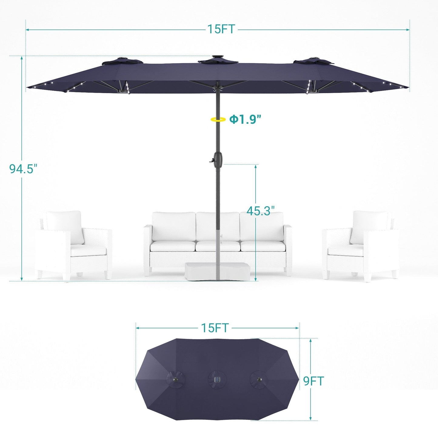 Parasol de terrasse double face à LED BONOSUKI 15x9 pieds, grand auvent en aluminium