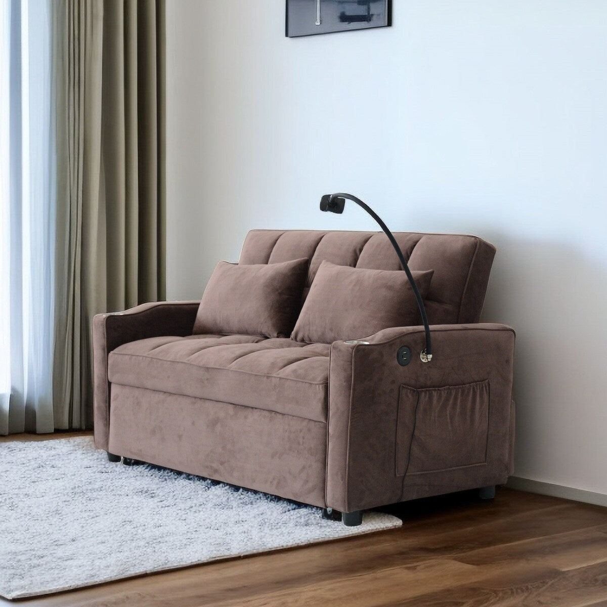 Brown Modern 54.33 Convertible Pullout Loveseat Sofa Bed with Reclining Backrest and Phone Holder