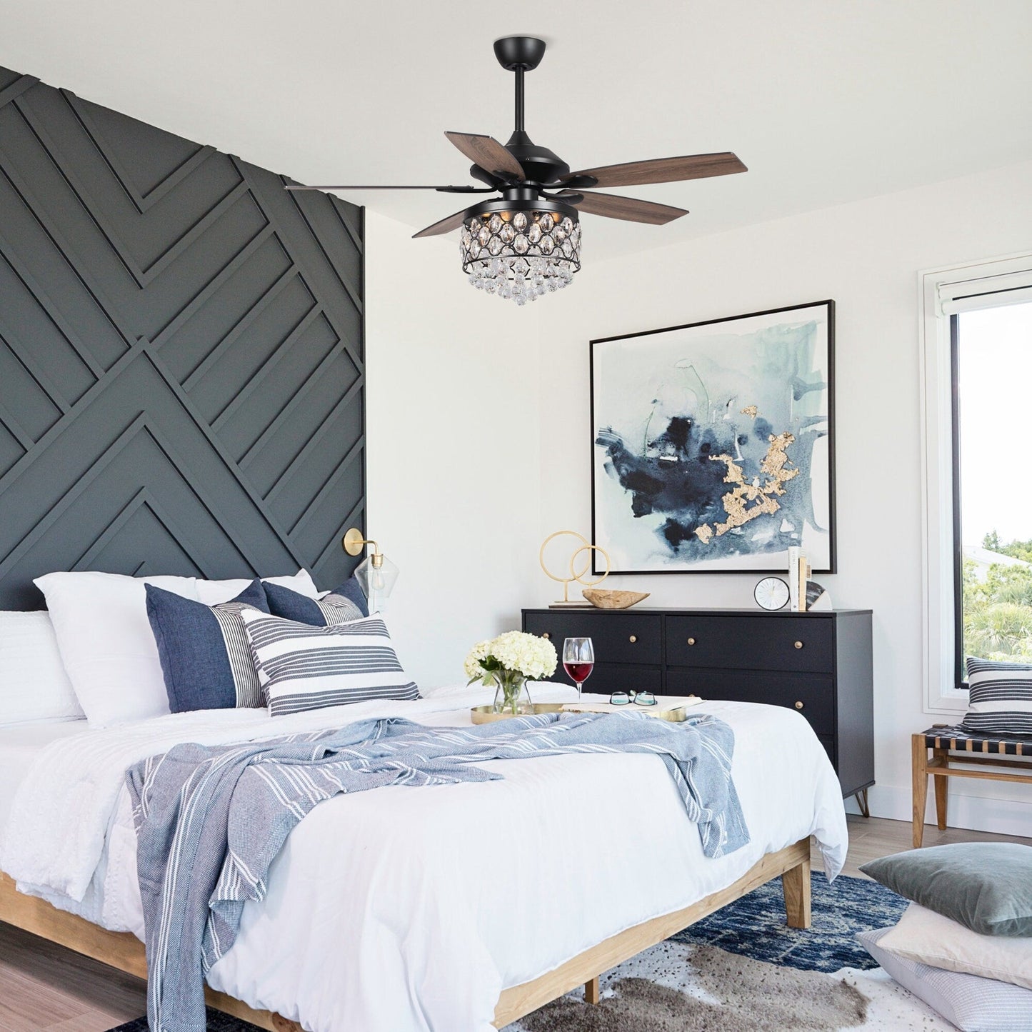 Lustre/ventilateur de plafond à 4 lumières en chrome/cristal avec télécommande