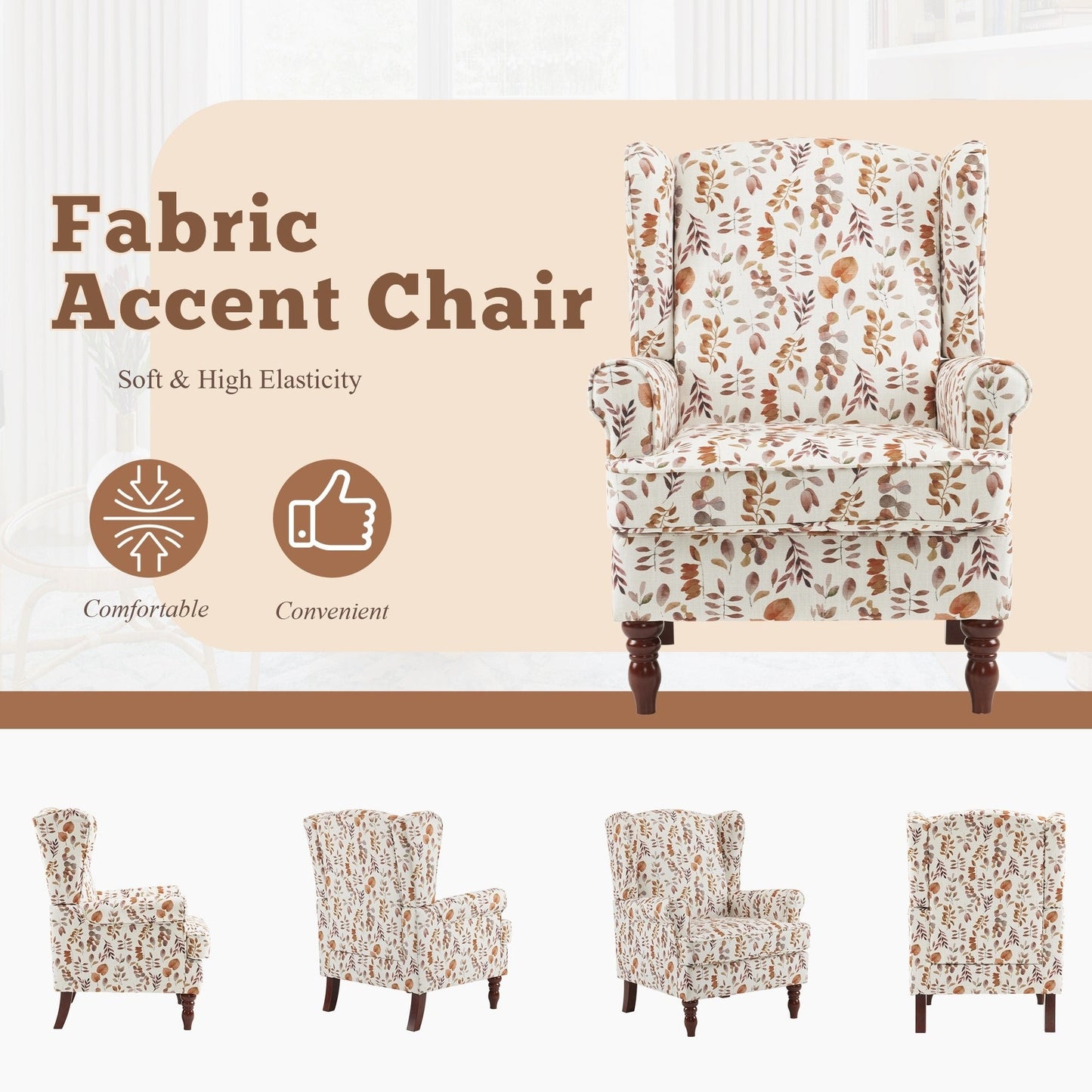 Fauteuil d'appoint moderne Erommy, fauteuil à dossier haut, canapé simple en tissu rembourré avec pieds en bois pour le salon