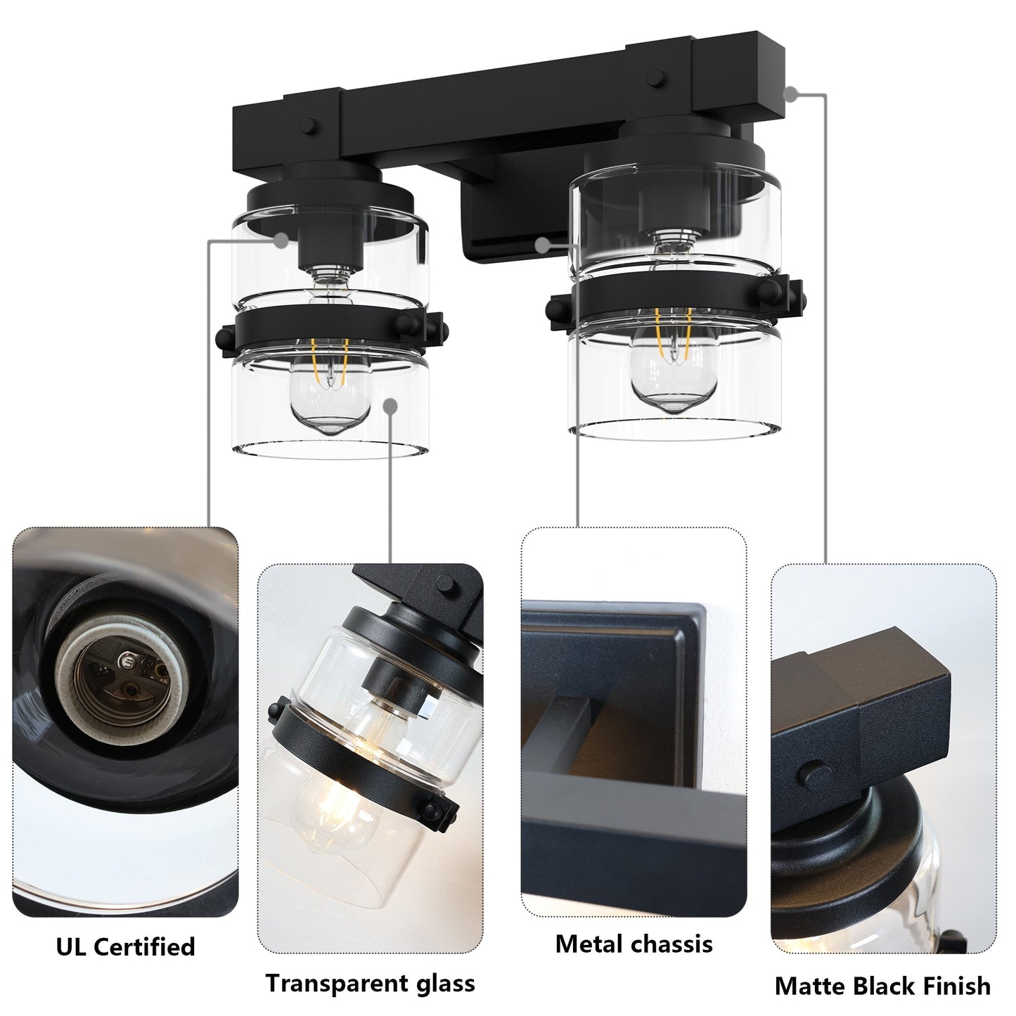 ExBrite Farmhouse 3-lights Bathroom Dimmable Iron Black Vanity Lights Wall Sconces