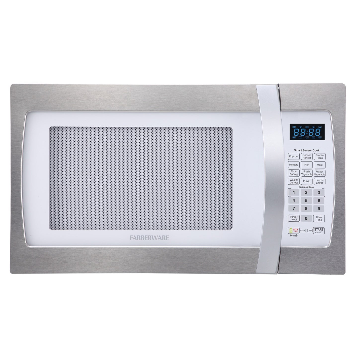 Four à micro-ondes Farberware Professional de 1,3 pi³ et 1 100 W avec cuisson par capteur intelligent, blanc et platine