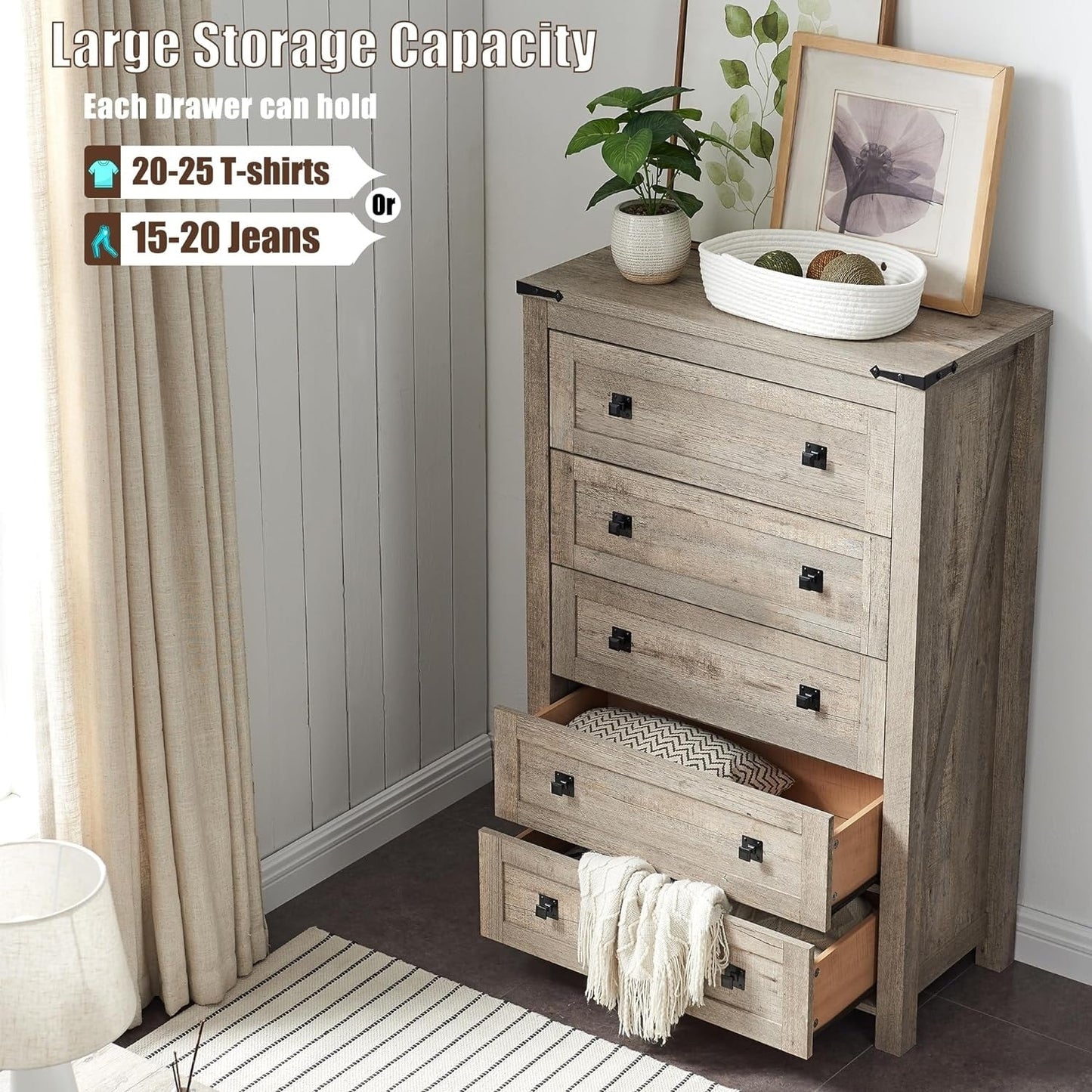 Commode haute en bois à 5 tiroirs de style ferme, commode pour chambre à coucher