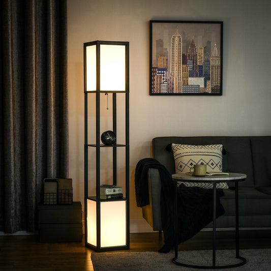 HOMCOM Floor Lamp with Shelves, Dual Light, Modern Tall Standing Lamps, with Fabric Lampshade (Bulb not Included)