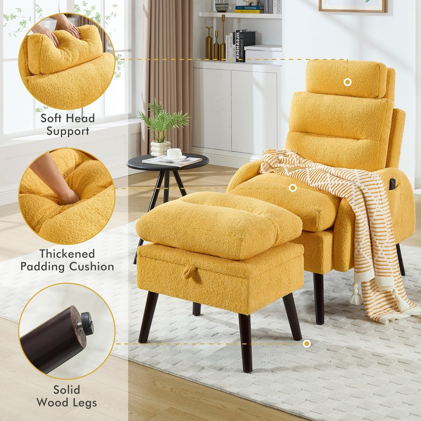 Fauteuil d'appoint HOMYKA avec dossier réglable et pouf de rangement