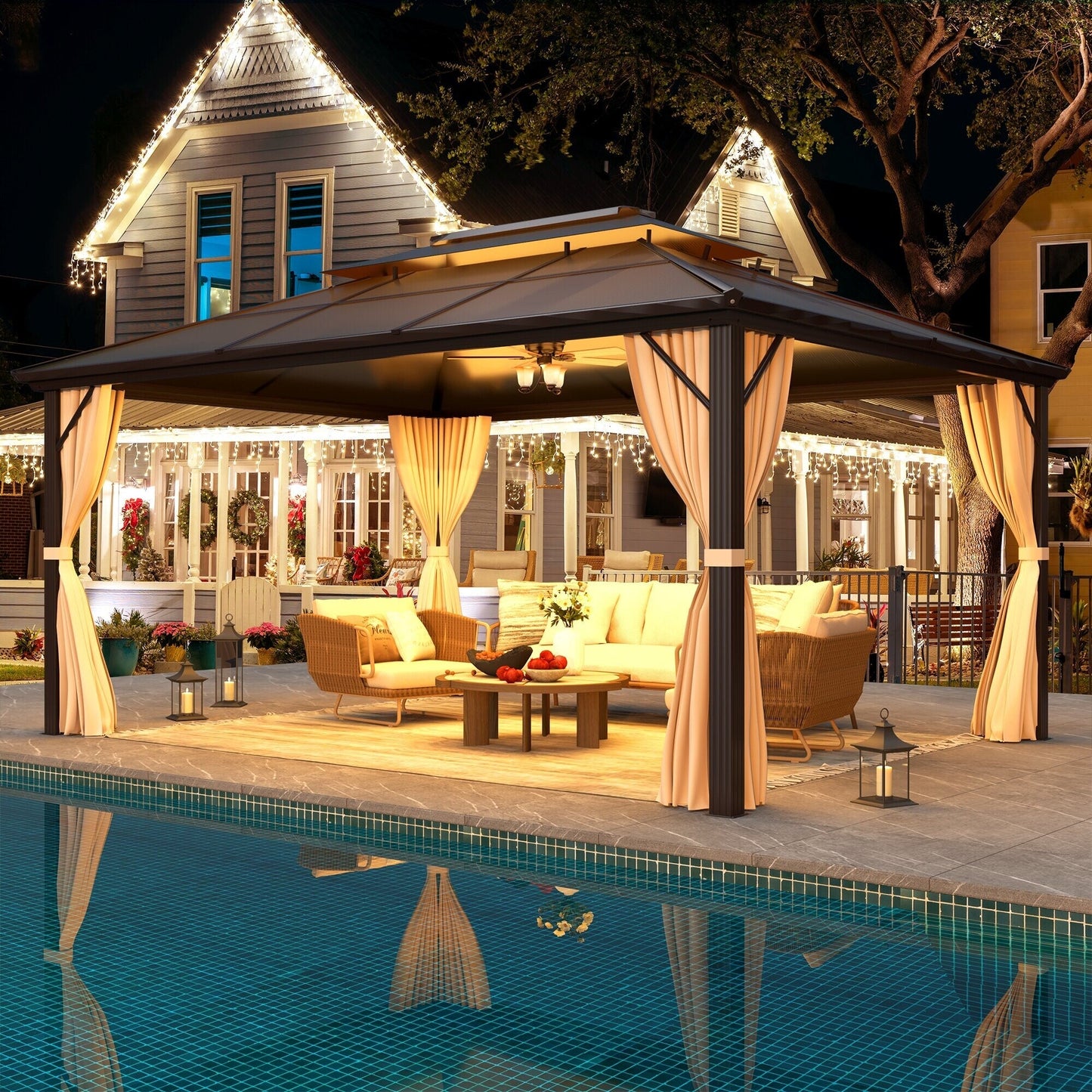 Gazebo à toit rigide EROMMY, pergola d'extérieur avec double toit, filet et rideaux, auvent robuste pour patio, arrière-cour, fête au bord de la piscine