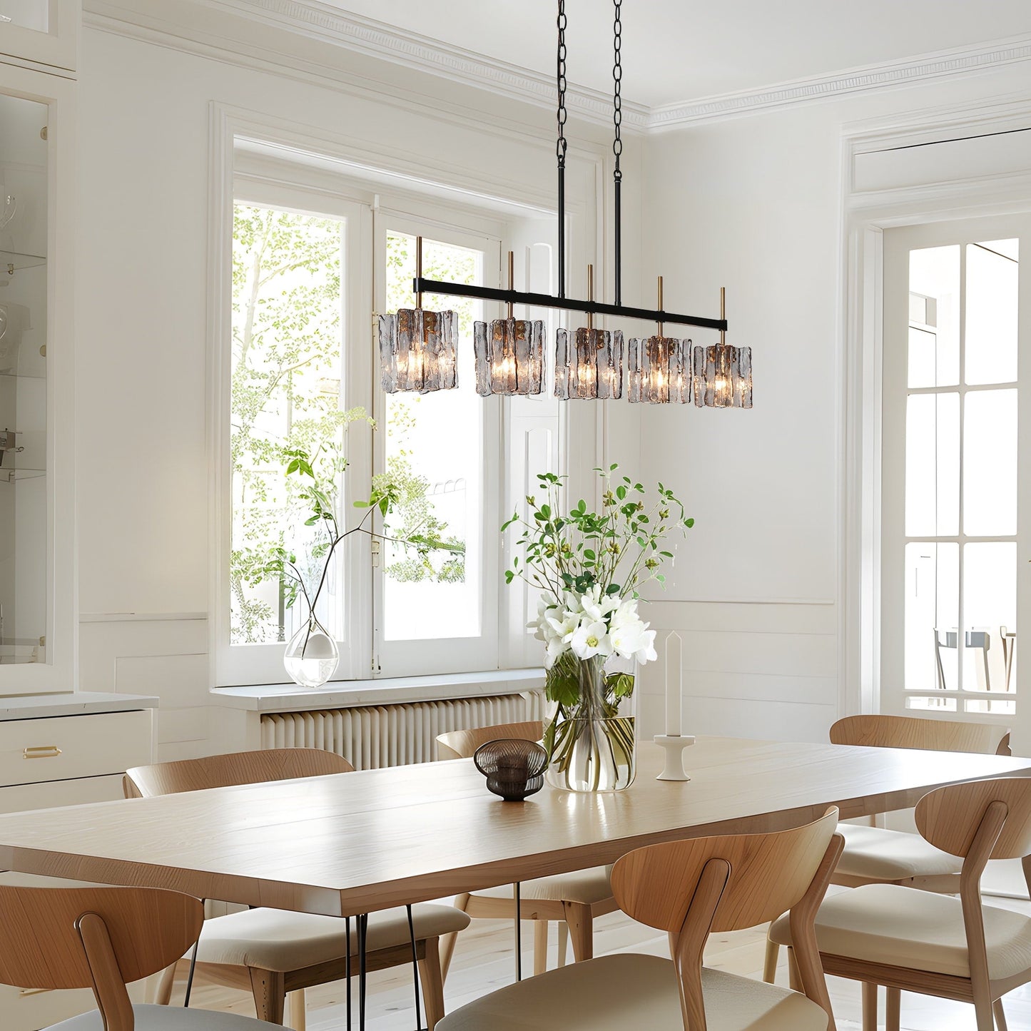 Lustre linéaire moderne Kasy à 5 lumières en verre texturé pour îlot de cuisine, design unique