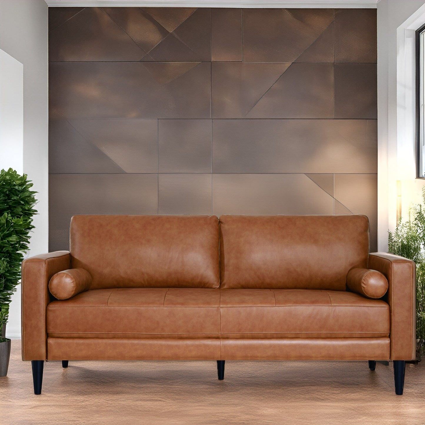 Canapé moderne en cuir véritable avec pieds en bois et coussin traversin supplémentaire