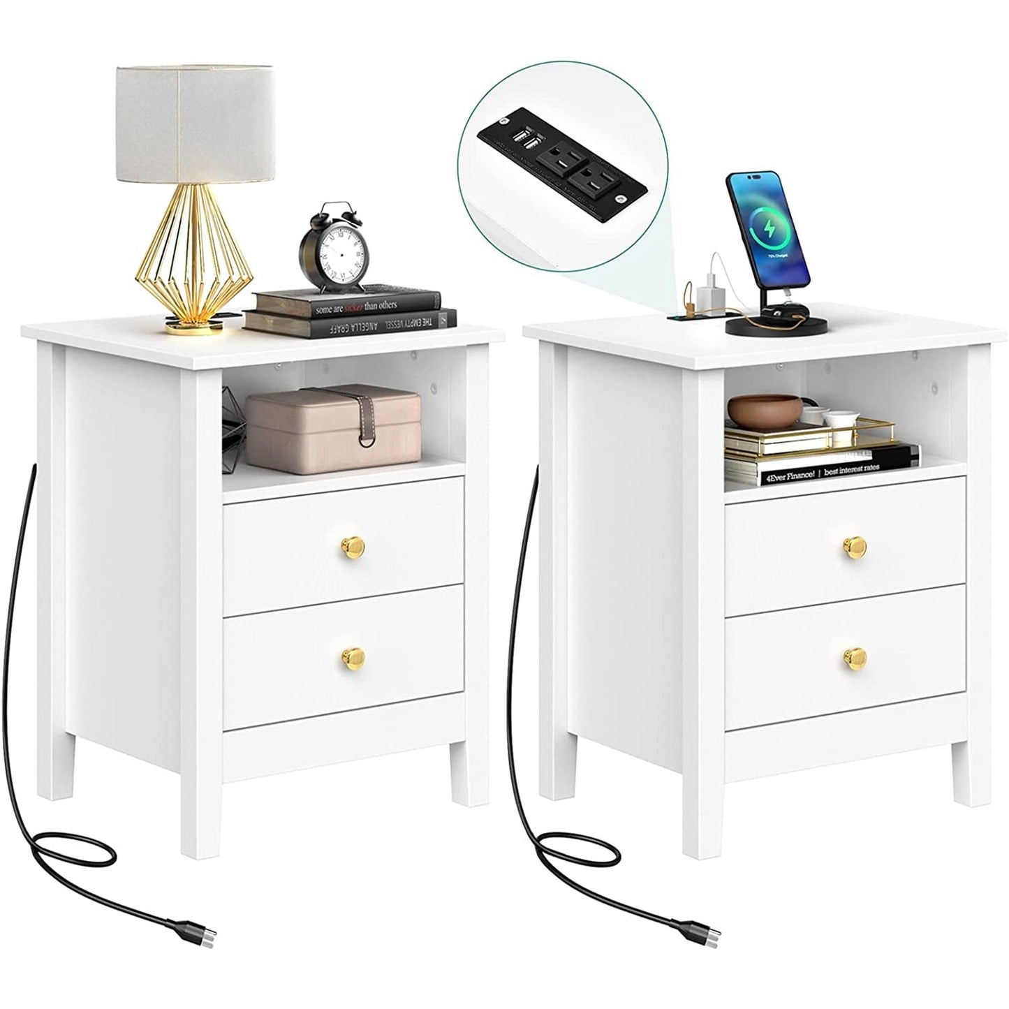 Ensemble de 2 tables de chevet avec station de charge Table d'appoint avec 2 tiroirs avec ports et prises USB Table de chevet