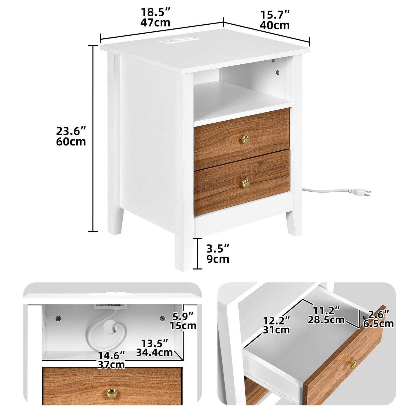 Ensemble de 2 tables de chevet avec station de charge Table d'appoint avec 2 tiroirs avec ports et prises USB Table de chevet
