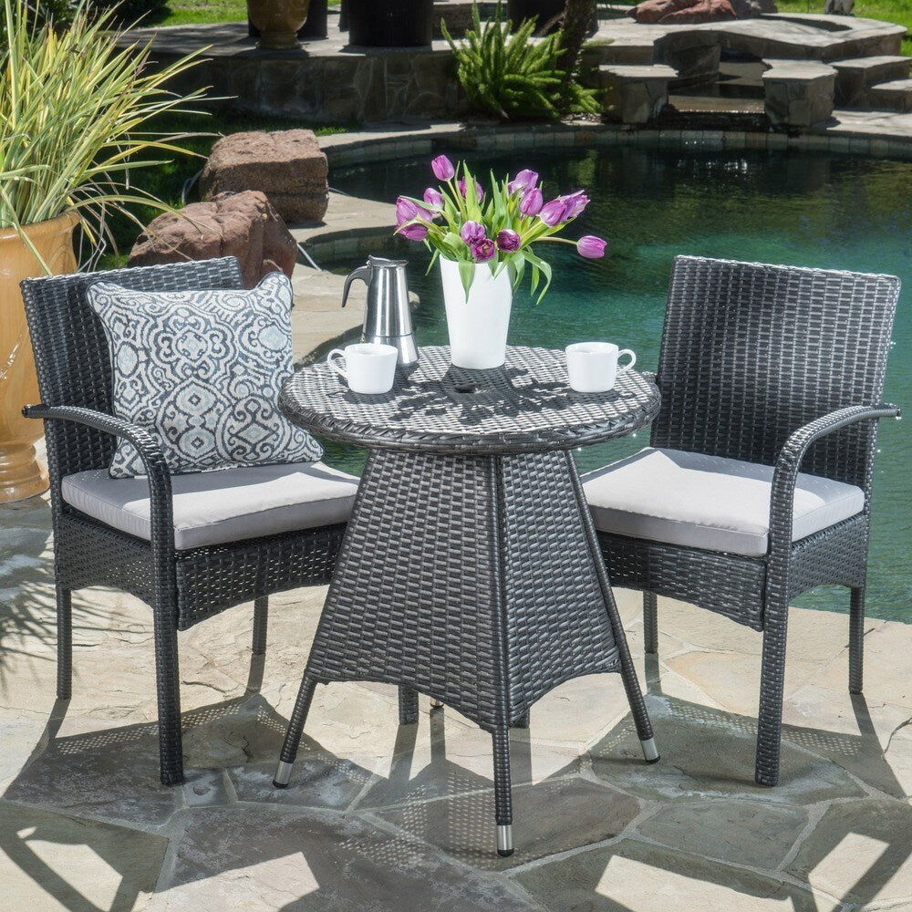 Peterson Outdoor 3-piece Wicker Bistro Set with Cushions by Christopher Knight Home