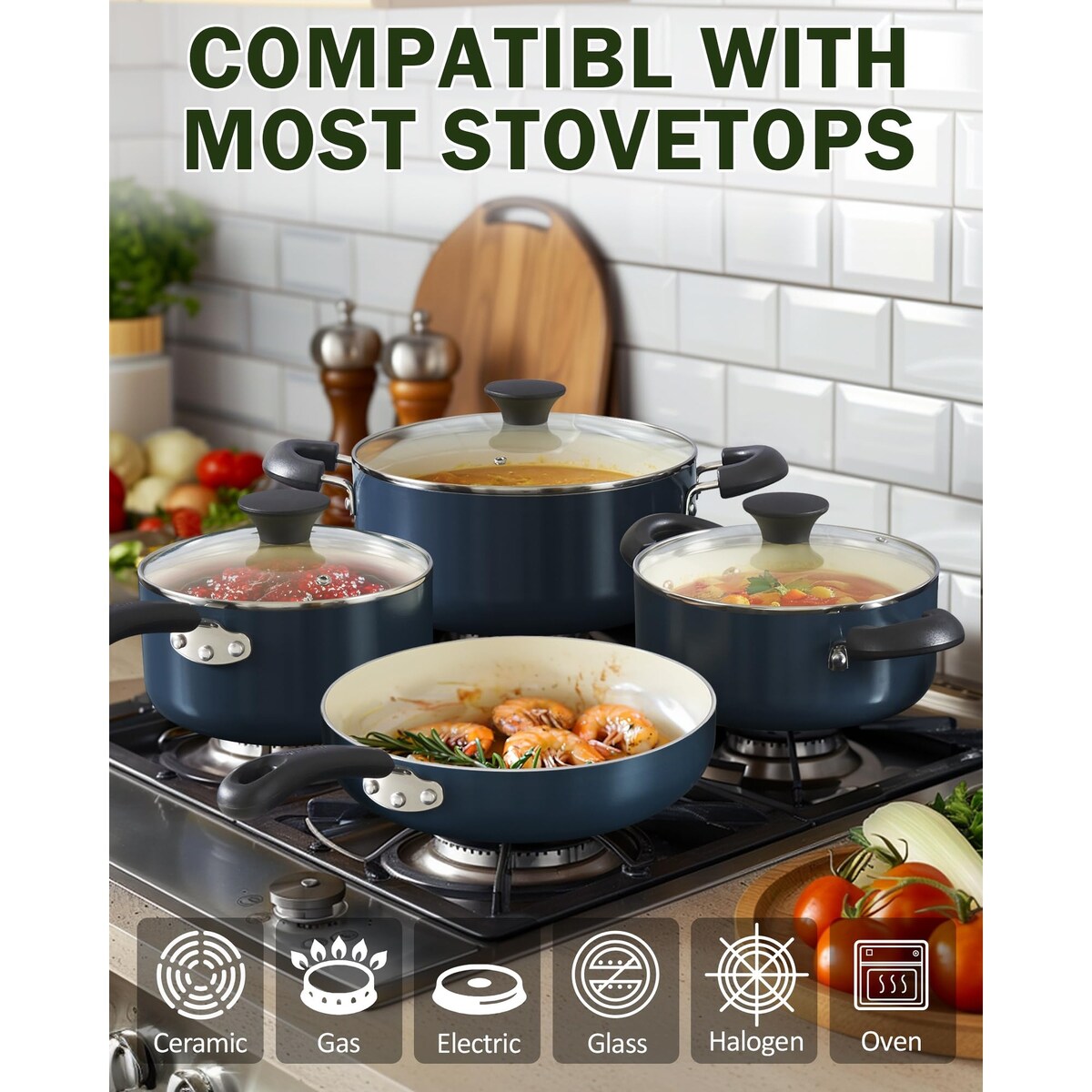 Ensemble de casseroles et poêles antiadhésives, batterie de cuisine en céramique 10 pièces, ensemble de cuisson antiadhésif avec casseroles