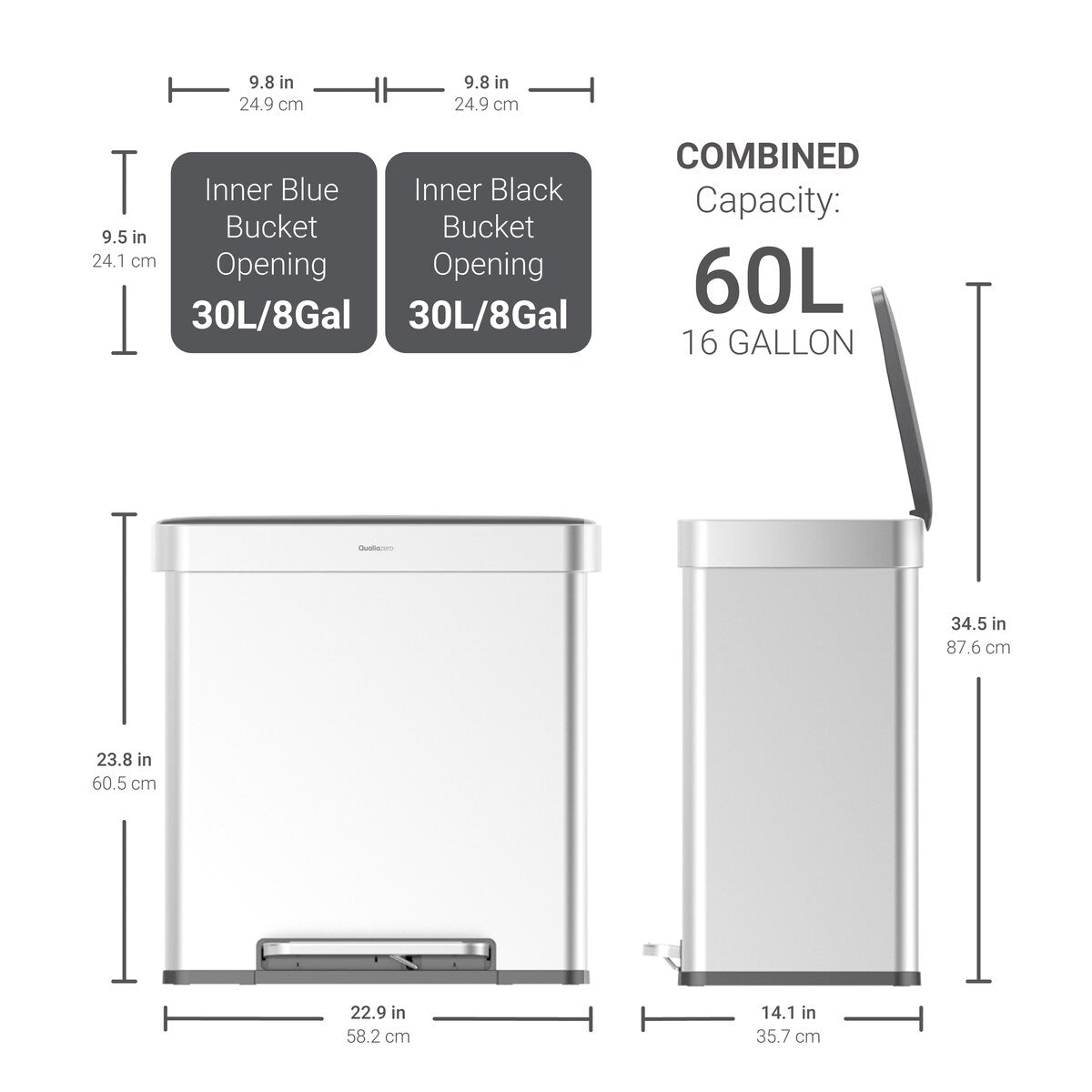 Poubelle de recyclage rectangulaire Qualiazero 16 gal (unité double 8 gal) - Acier inoxydable