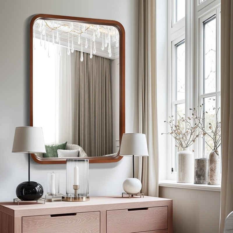 Round Corner Rectangle Farm Wall Mirror with Solid Wood Frame