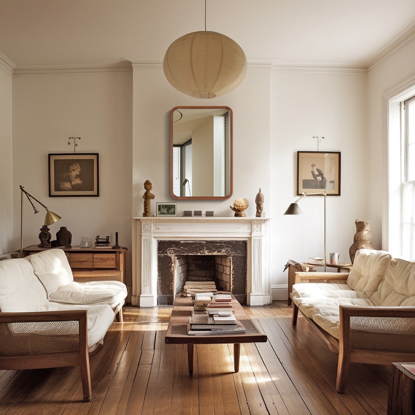 Round Corner Rectangle Farm Wall Mirror with Solid Wood Frame