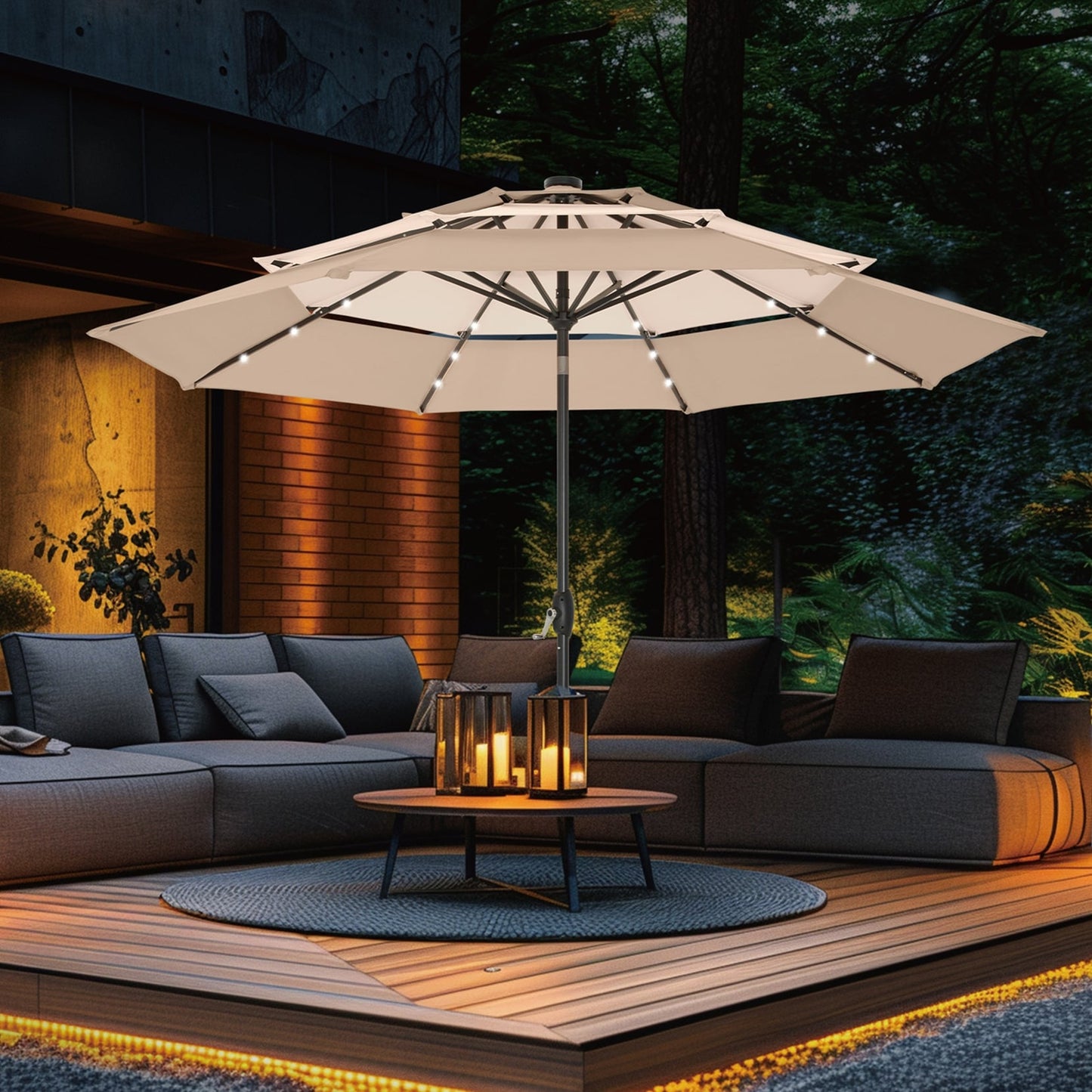 Parasol de terrasse inclinable à 3 niveaux de 10 pieds de MAISON ARTS, parasol d'extérieur à double ventilation avec lumières LED