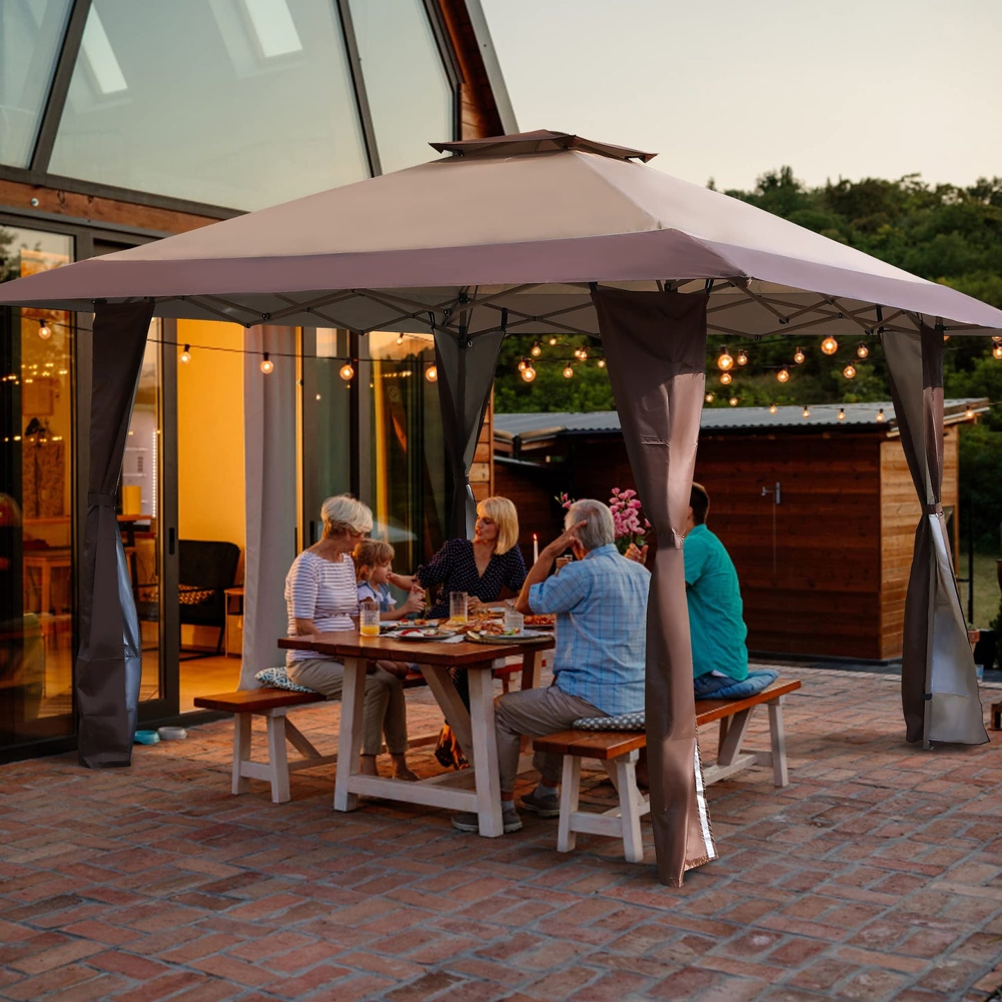 Gazebo de jardin renforcé escamotable avec rideau d'angle élégant - 13 x 13 pi