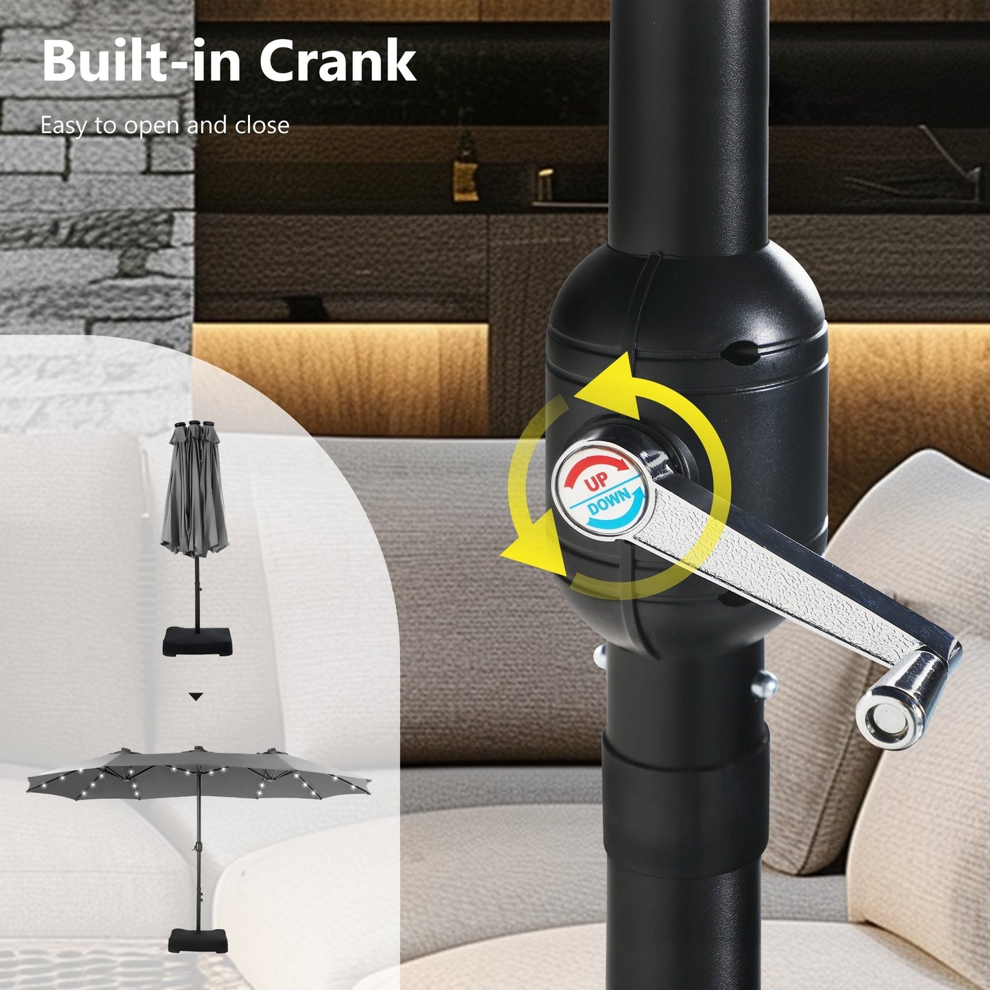 MAISON ARTS Parasol de marché extérieur rectangulaire à manivelle double face de 15 pieds Parasol de patio éclairé par LED solaire avec base incluse