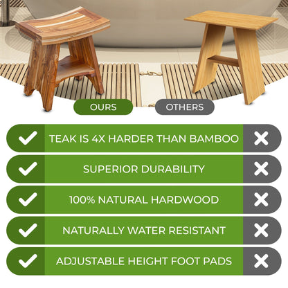 EcoDecors, Serenity, Banc de douche en teck, Tabouret de douche en teck, Banc de douche d'angle en teck, 45 cm, avec étagère