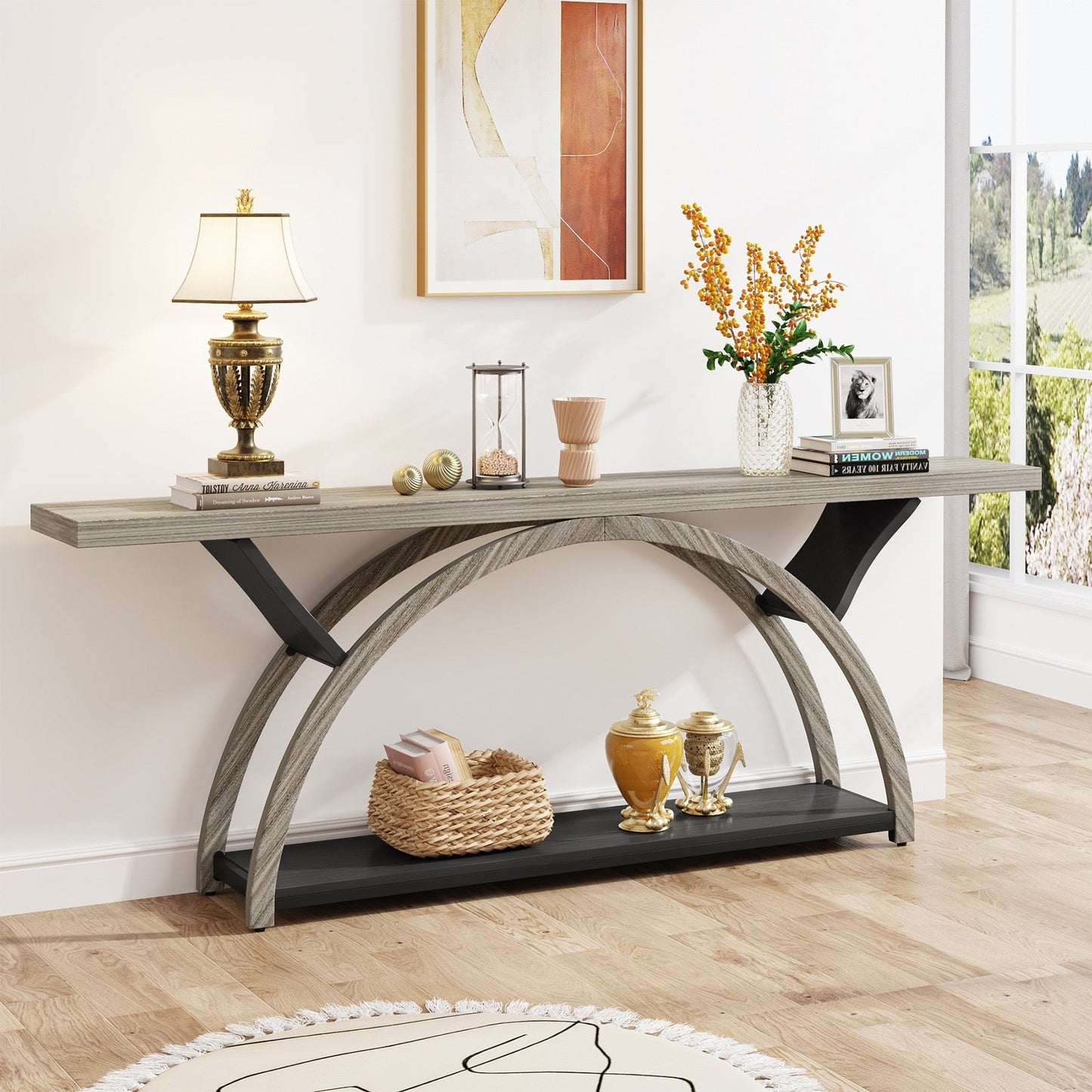 Console étroite à 2 niveaux avec cadre semi-circulaire pour entrée, tables d'appoint de couloir grises
