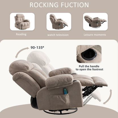 360° Swivel Recliner Chair with Massage, Heat, USB, and Cup Holders