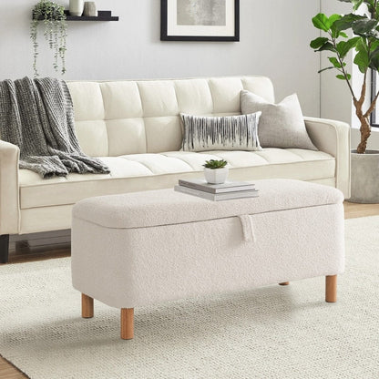 Banc ottoman de rangement en sherpa blanc cassé, repose-pieds, pour salon, chambre à coucher, pieds en bois