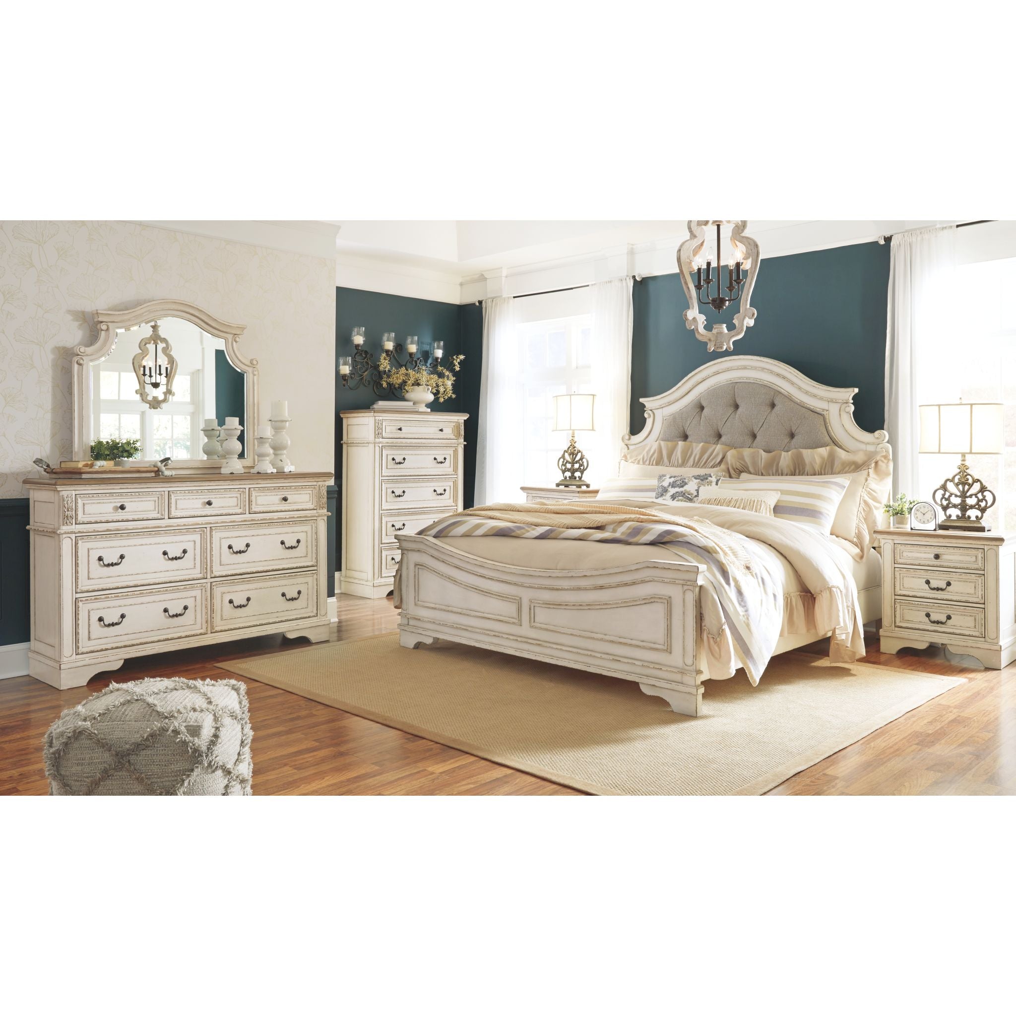 Chambre à coucher Realyn 5 pièces avec lit king size - Blanc écaillé