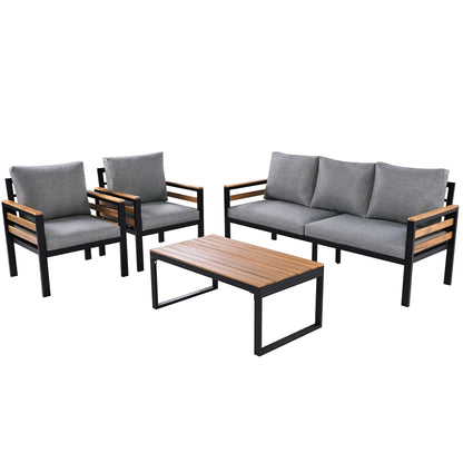 4-Piece Outdoor Sofa Set for 5 People with Removable Cushion & Solid Wood Coffee Table
