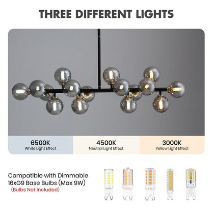 Lustre linéaire moderne du milieu du siècle de 40 po, suspension Spoutnik à 16 ampoules en laiton doré avec globe en verre dépoli pour salle à manger