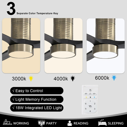 Ventilateur de plafond encastré de style campagnard de 52 pouces avec éclairage et télécommande, moteur CC réversible