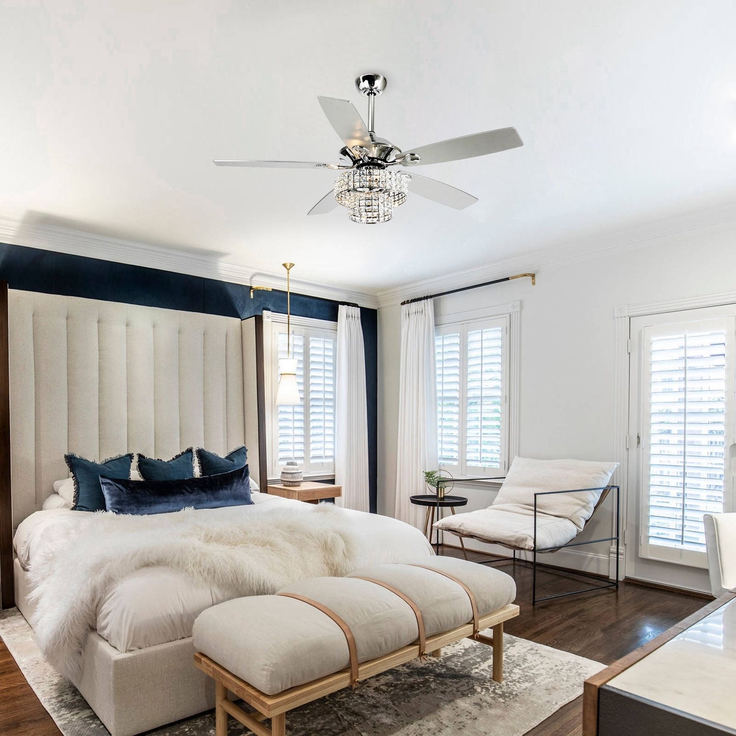 Ventilateur de plafond moderne en cristal et bois chromé de 52 pouces, 5 pales, avec télécommande