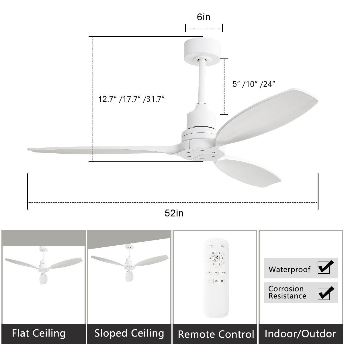 Ventilateur de plafond moderne en bois massif/ABS de 52 pouces avec télécommande (sans lumière), 6 vitesses de vent, flux d'air réversible