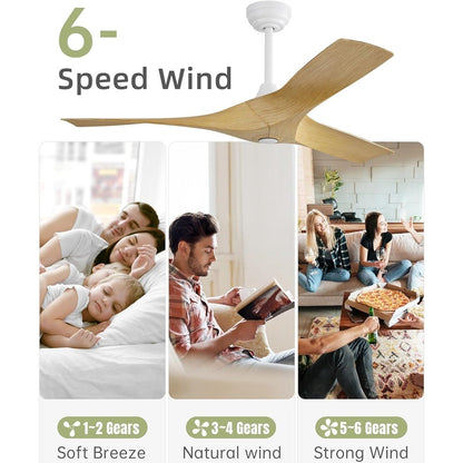 Ventilateur de plafond moderne en bois massif/ABS de 52 pouces avec télécommande (sans lumière), 6 vitesses de vent, flux d'air réversible