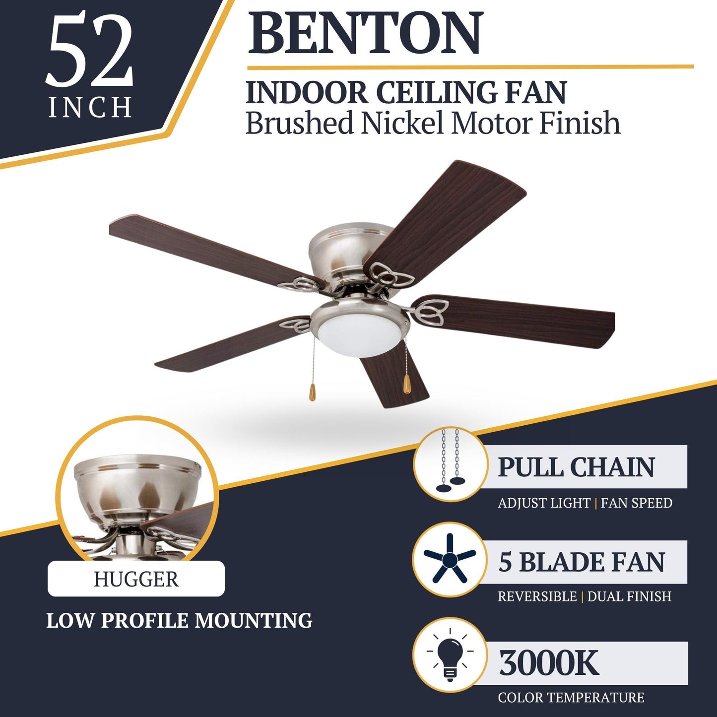 52 Prominence Home Benton Traditional Indoor LED Ceiling Fan with Light, Pull Chains