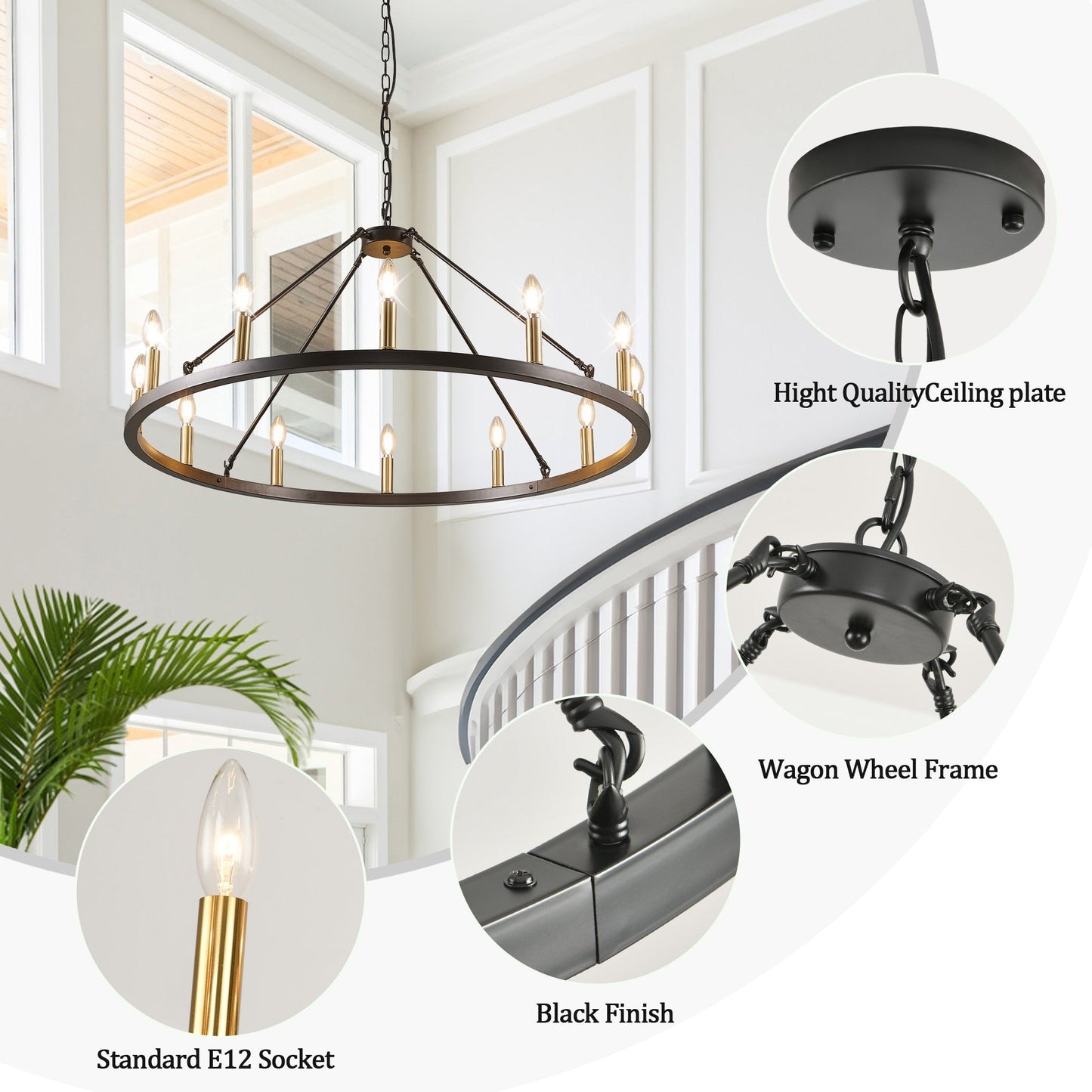 Lustre rond à 24 lumières en forme de roue de chariot de 54 pouces