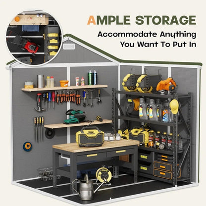 Abri de rangement extérieur en plastique et résine toutes saisons de 6 pi x 4 pi/6 pi x 8 pi/8 pi x 6 pi/8 pi x 10 pi avec plancher, abri à outils Spire