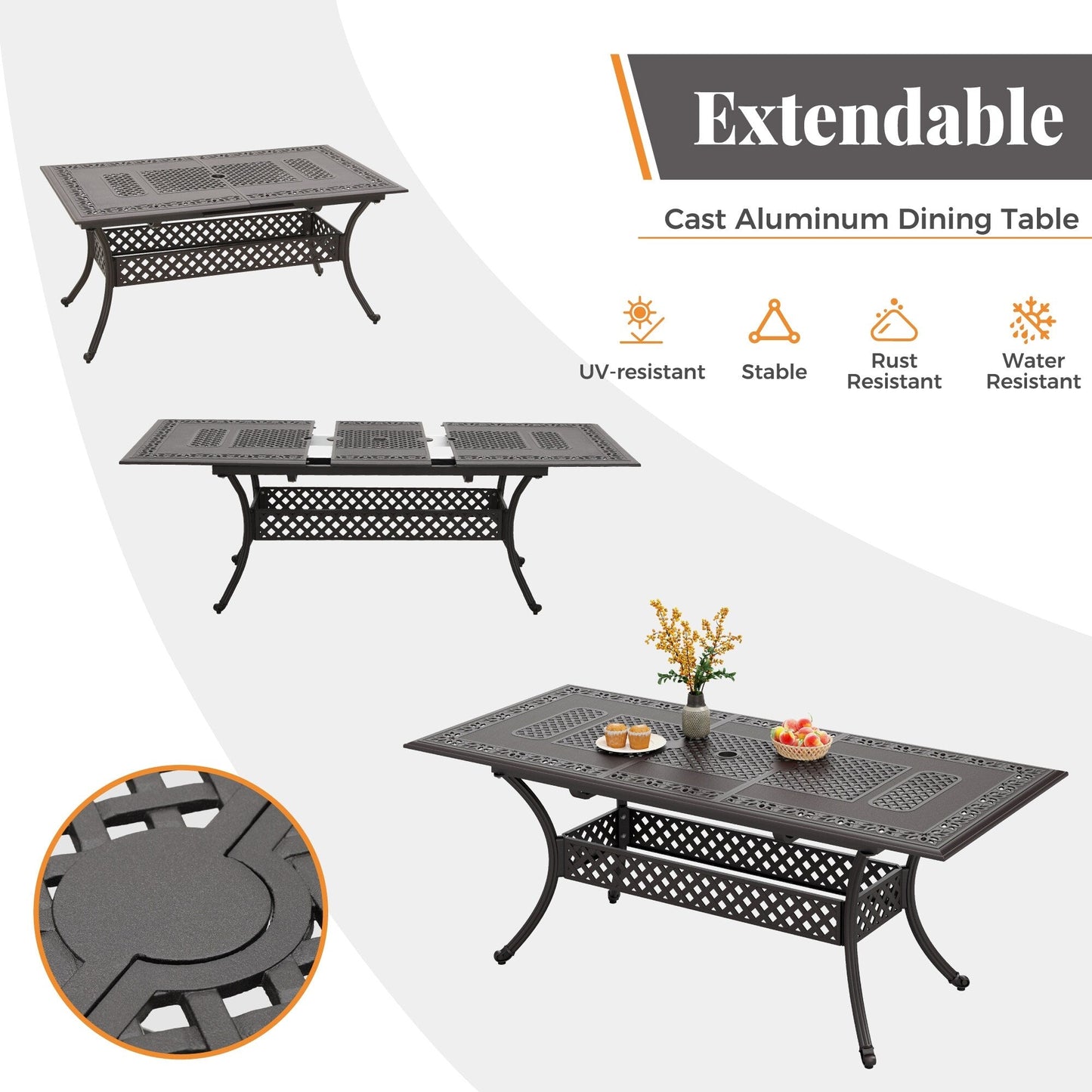 MAISON ARTS 7-Piece Cast Aluminum Patio Dining Set with Expandable Rectangular Table & 6 Cast Aluminum Chairs