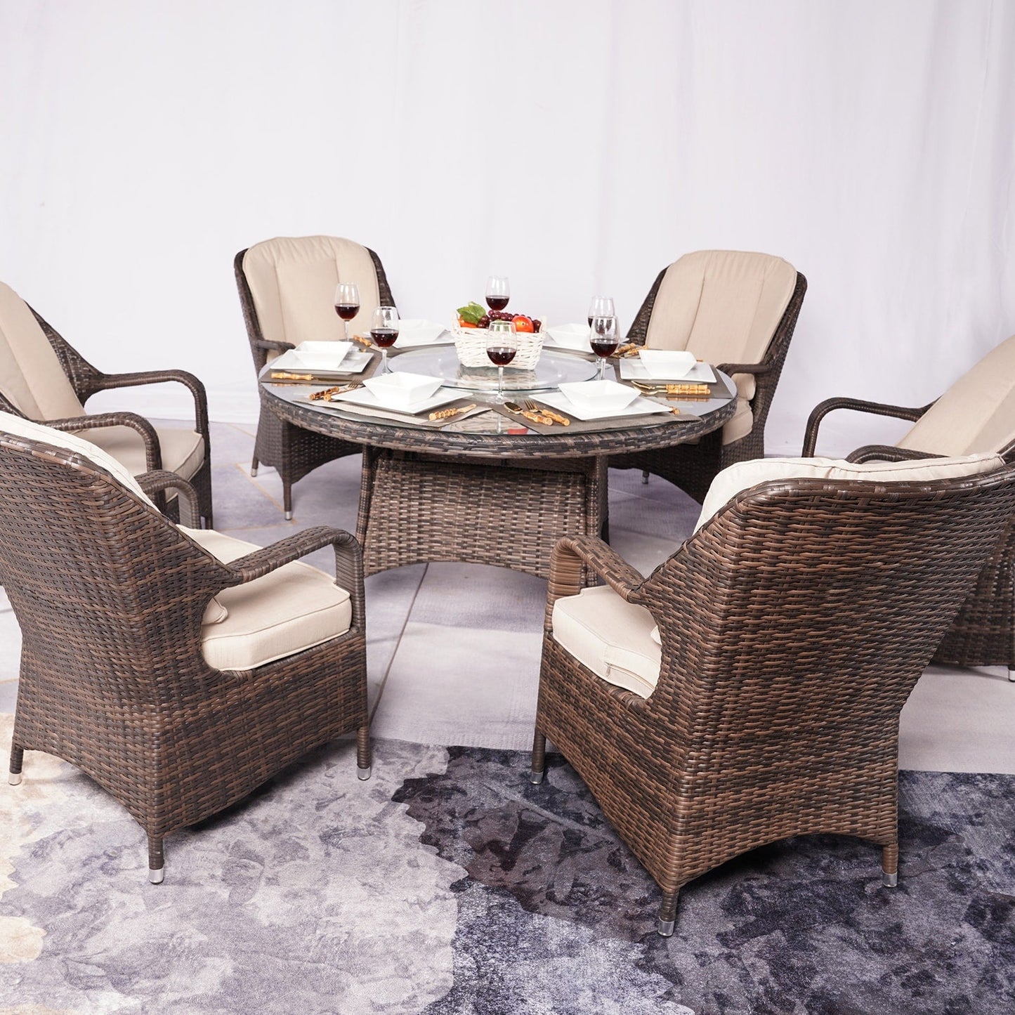 7 Pieces Outdoor Rattan Wicker Patio Round Dining Set with Cushions by Moda Furnishings