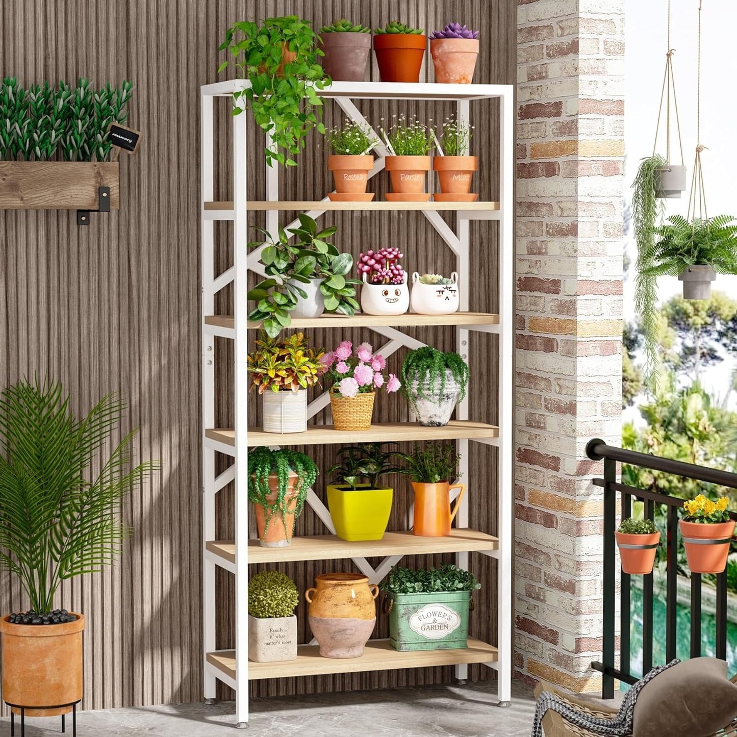 Bibliothèque industrielle 71, étagère à 6 niveaux en bois brun rustique, étagères à livres ouvertes