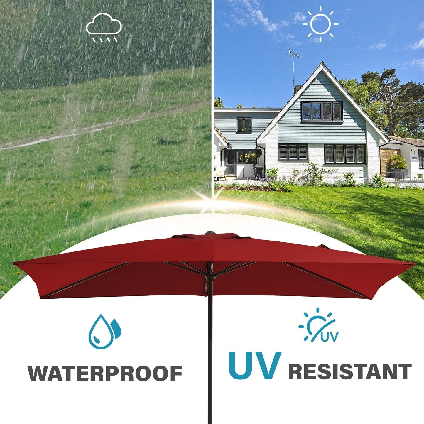 8*10ft Rectangular Patio Market Umbrella with Crank & Tilt，UV-Resistant