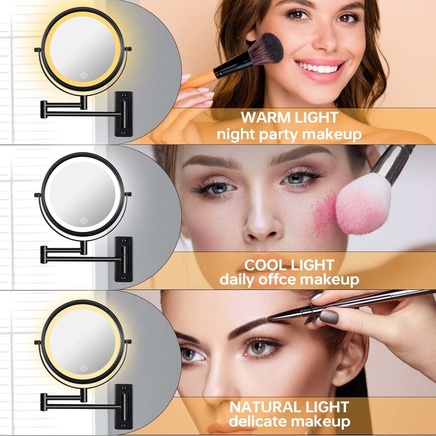 8 Round Wall Mount Bathroom Makeup Mirror, Rechargeable, Magnification 1x/10x, 3 Color Lights