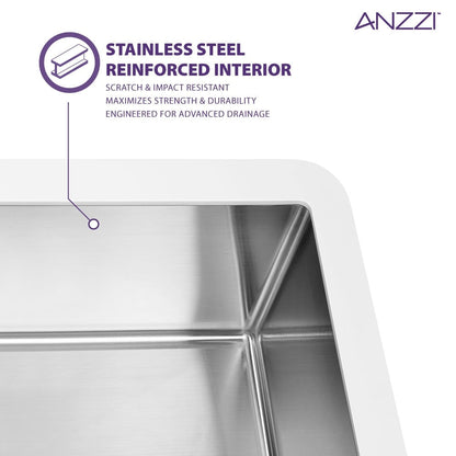 Évier de cuisine simple ANZZI Apollo blanc mat en surface solide de style ferme, 36 po, avec intérieur en acier inoxydable