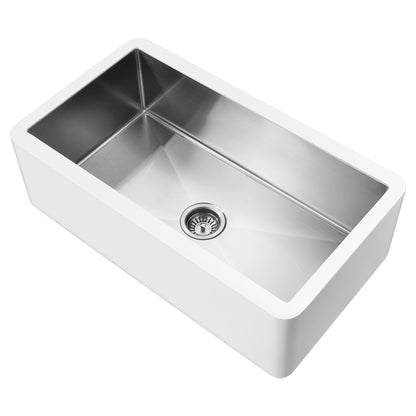 Évier de cuisine simple ANZZI Apollo blanc mat en surface solide de style ferme, 36 po, avec intérieur en acier inoxydable