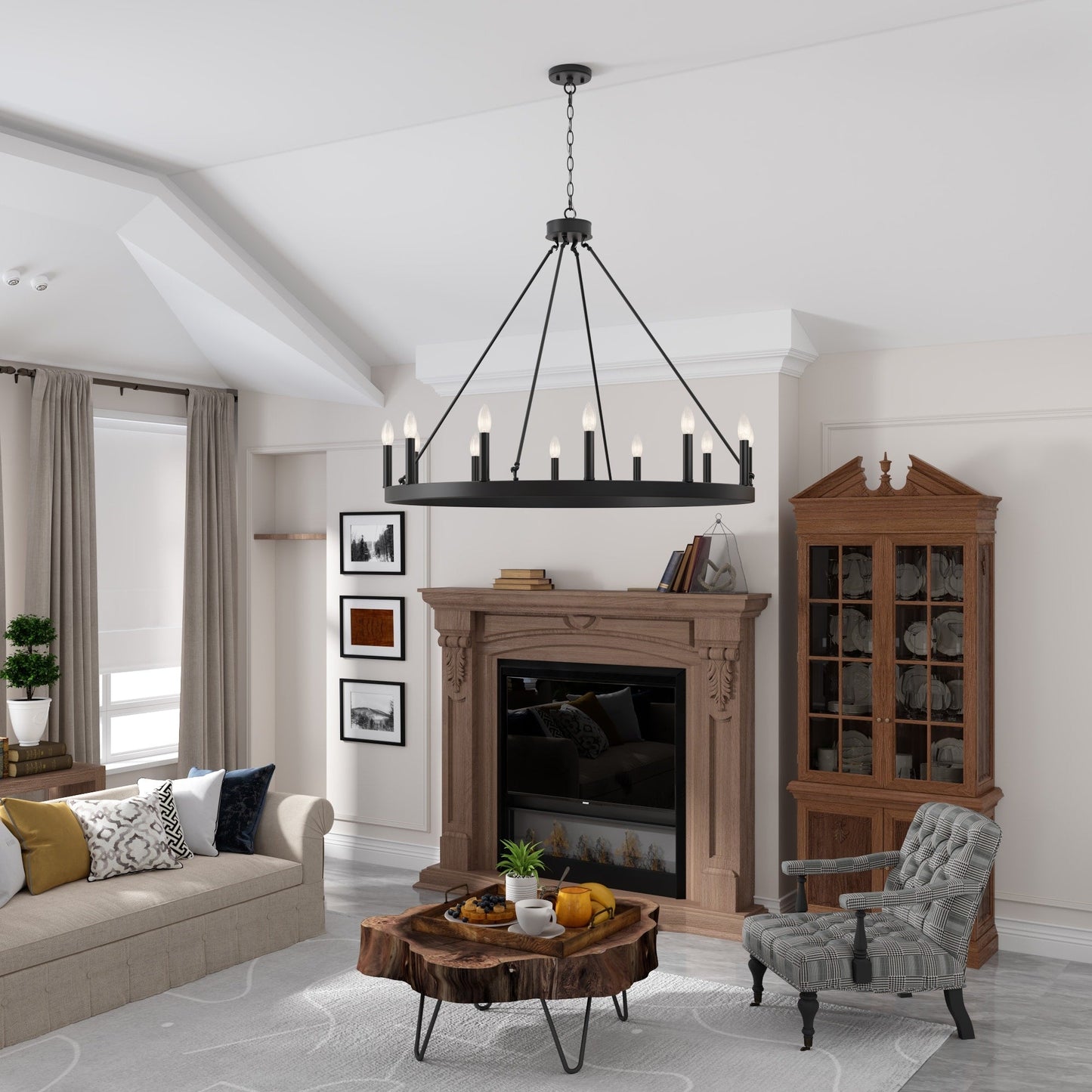 Lustre Acroma Farmhouse à 12 lumières, 40 po, en forme de roue de chariot, certifié UL - 40 po P x 138 po H